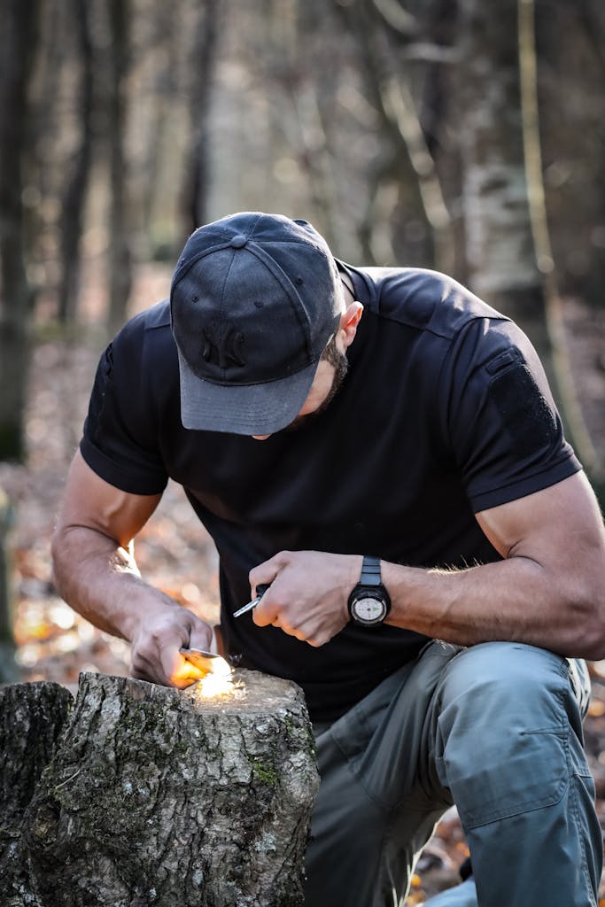 Man Starting Fire with Flint